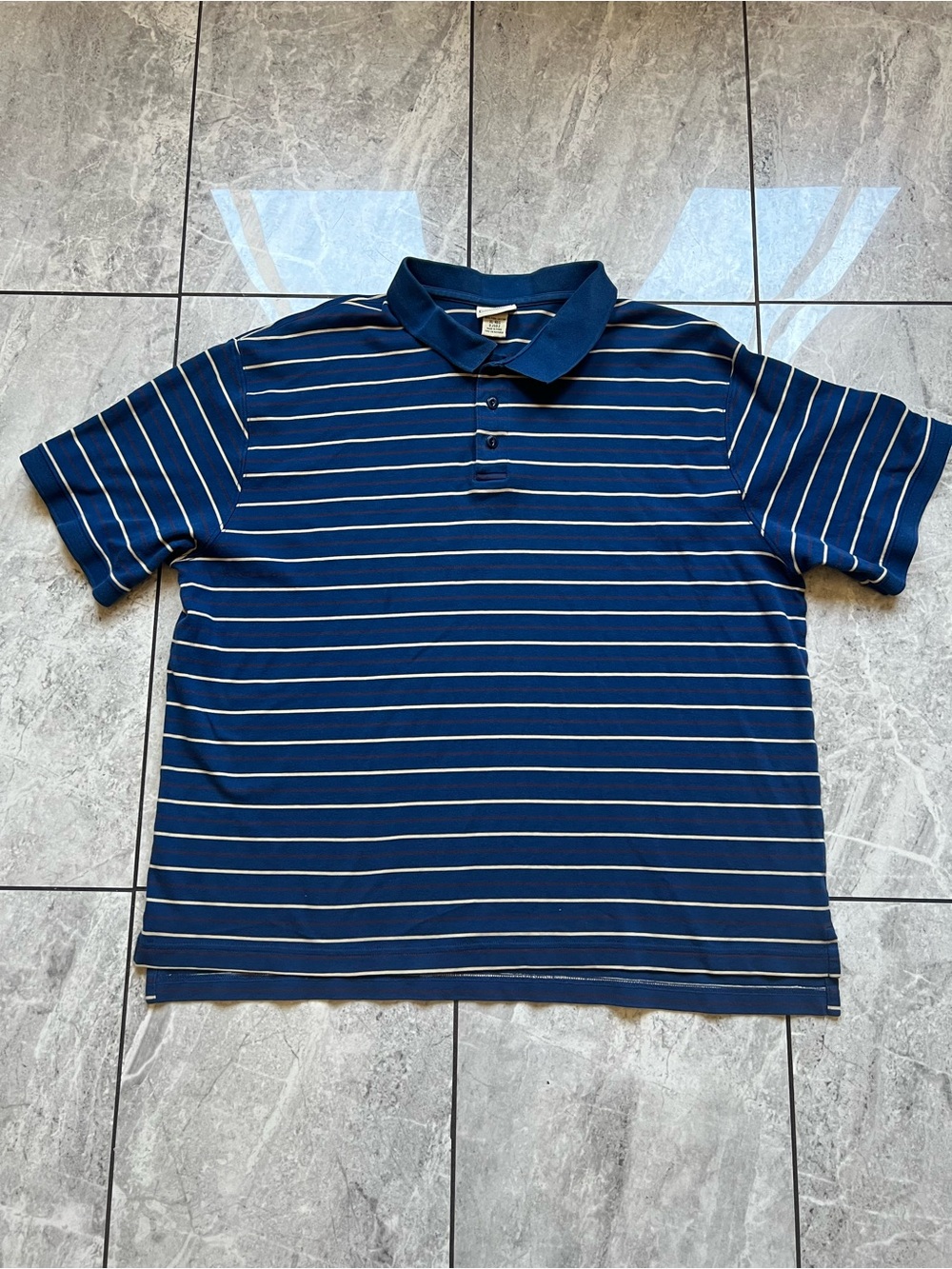 L.L. Bean Polo Shirt Mens XL Short Sleeve Striped Pique Cotton Navy/Ivory Casual